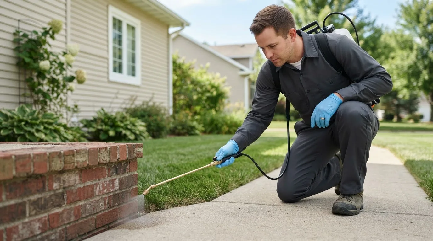 Pest control technician treating a home near Carson, ND