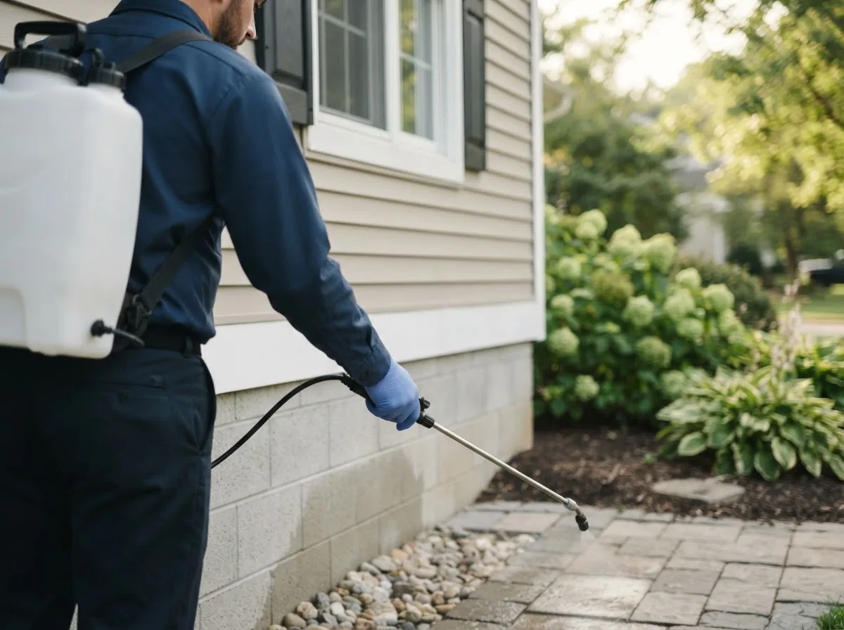 Pest control technician inspecting a home in Carson, ND